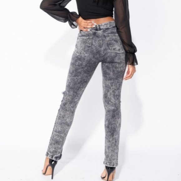 Gray Acid Wash High Waist Ripped Distressed Straight Leg Jeans Denim Pants - Picture 5 of 15